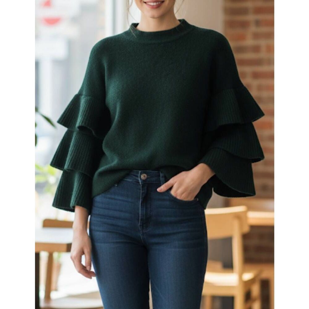 Gianni bini womens small boxy tiered sleeve green angora sweater crewneck